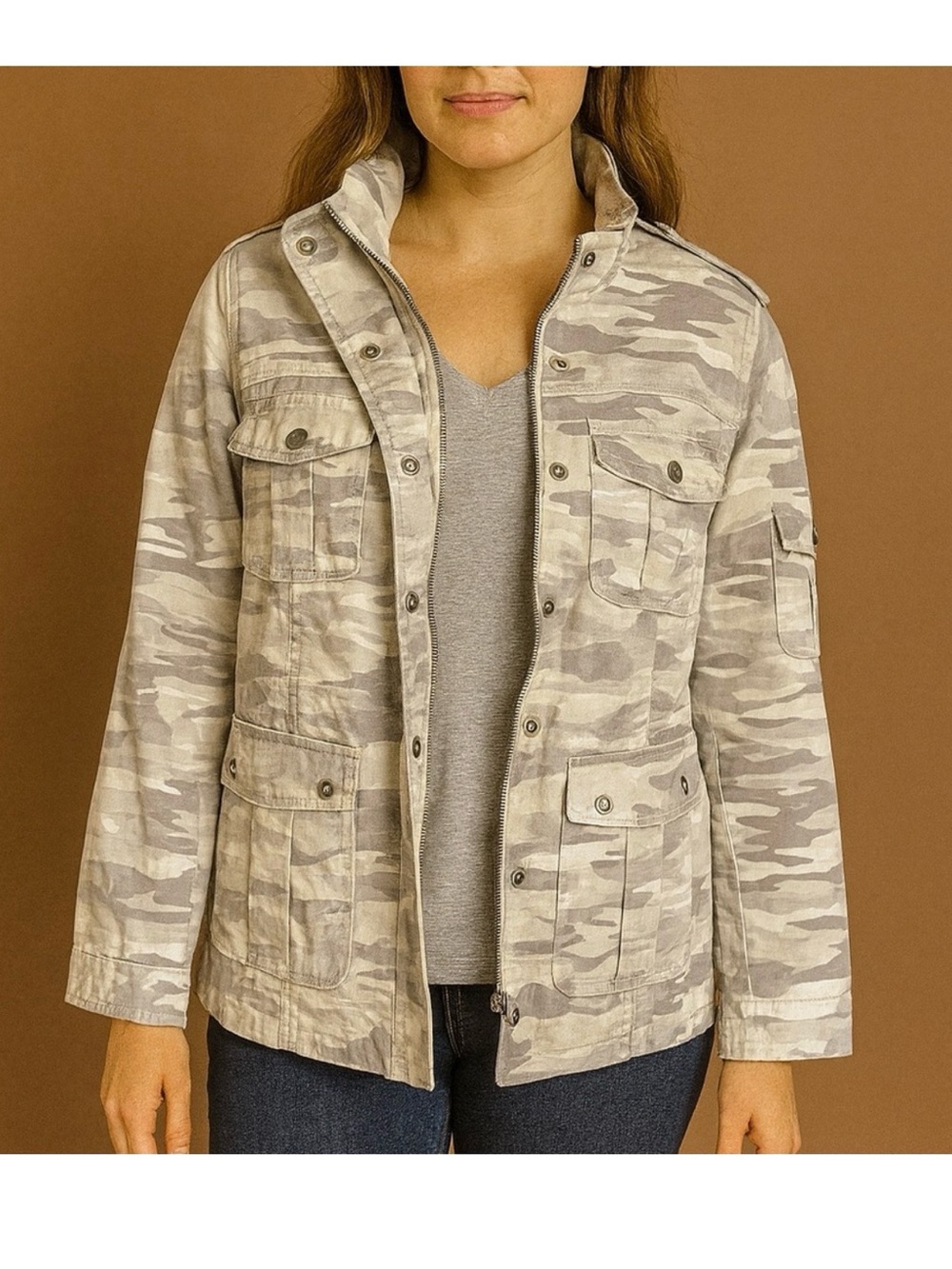 Kensie Beige & Gray Camo Utility Jacket
